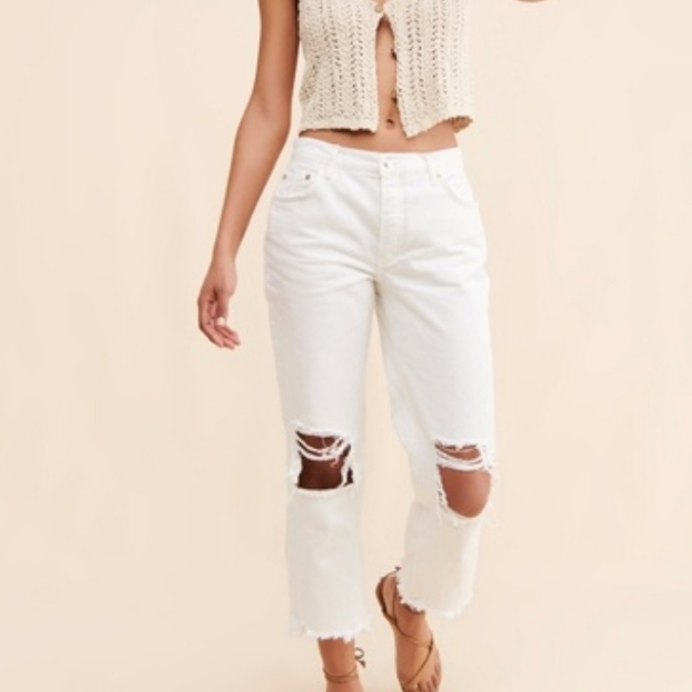 Free People Maggie Distressed Tapered Jeans Optic White Sz 31 *Unique Variation*